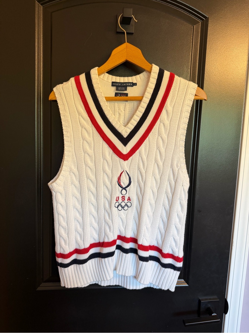 Ralph Lauren USA Olympics Cable-Knit V-Neck Sweater Vest with Red & Navy Trim